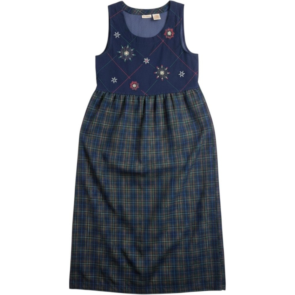 Bobbie Brooks Womens Navy Plaid Snowflake Embroidered Maxi Dress M Christmas
